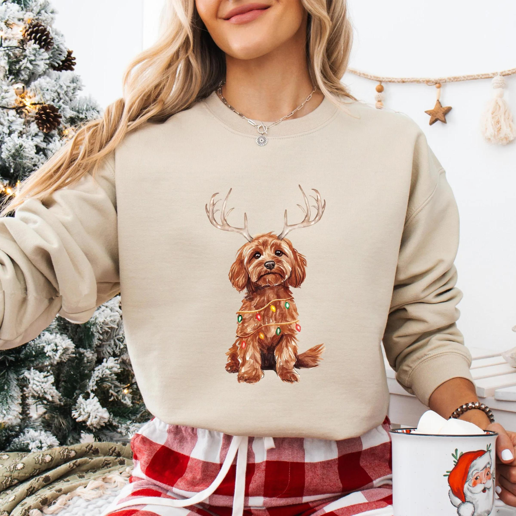 Custom Christmas Dog Photo Sweatshirt with Reindeer and Christmas Lights Design