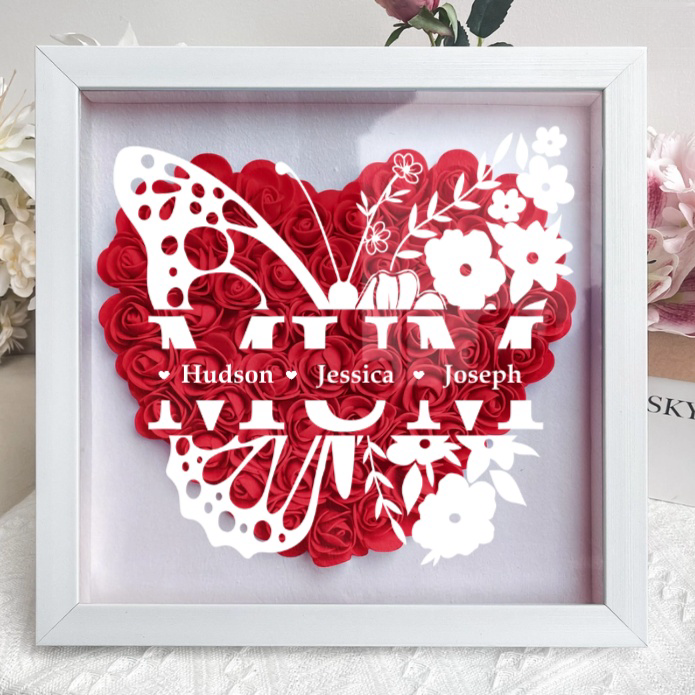 Personalized Butterfly Version Flower Shadow Box - Gift For Mum Custom Children Names