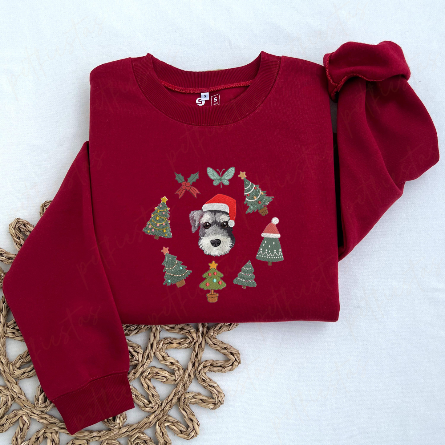 Custom Pet Portrait Christmas Sweatshirt with Festive Embroidered Elements