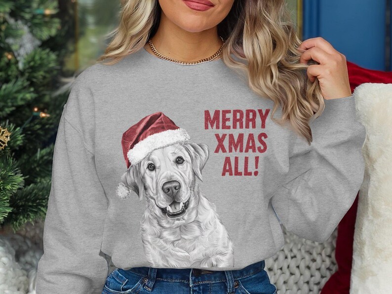 Custom Dog Face With Santa Hat Custom Glitter Text Christmas Sweatshirt Hoodie T-shirt