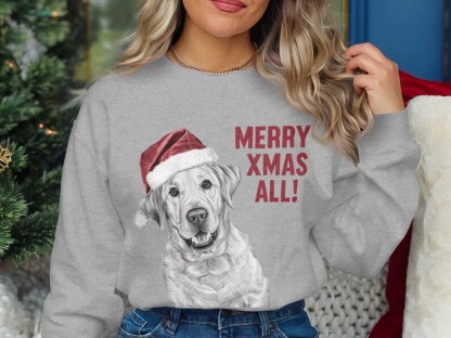 Custom Dog Face With Santa Hat Custom Glitter Text Christmas Sweatshirt Hoodie T-shirt
