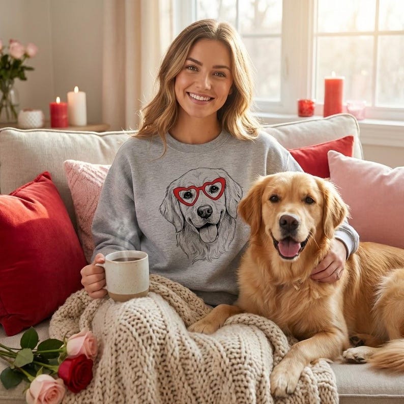 Custom Pet Valentine’s Day Sweatshirt - Personalized Dog/Cat Heart Glasses Graphic Crewneck
