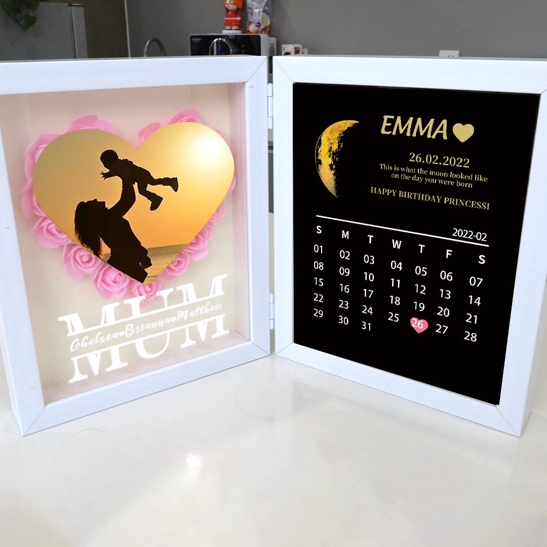 (Mom Photo With Name) With REAL MOON PHASE Anniversary Calendar Custom flower frame-ilovevango