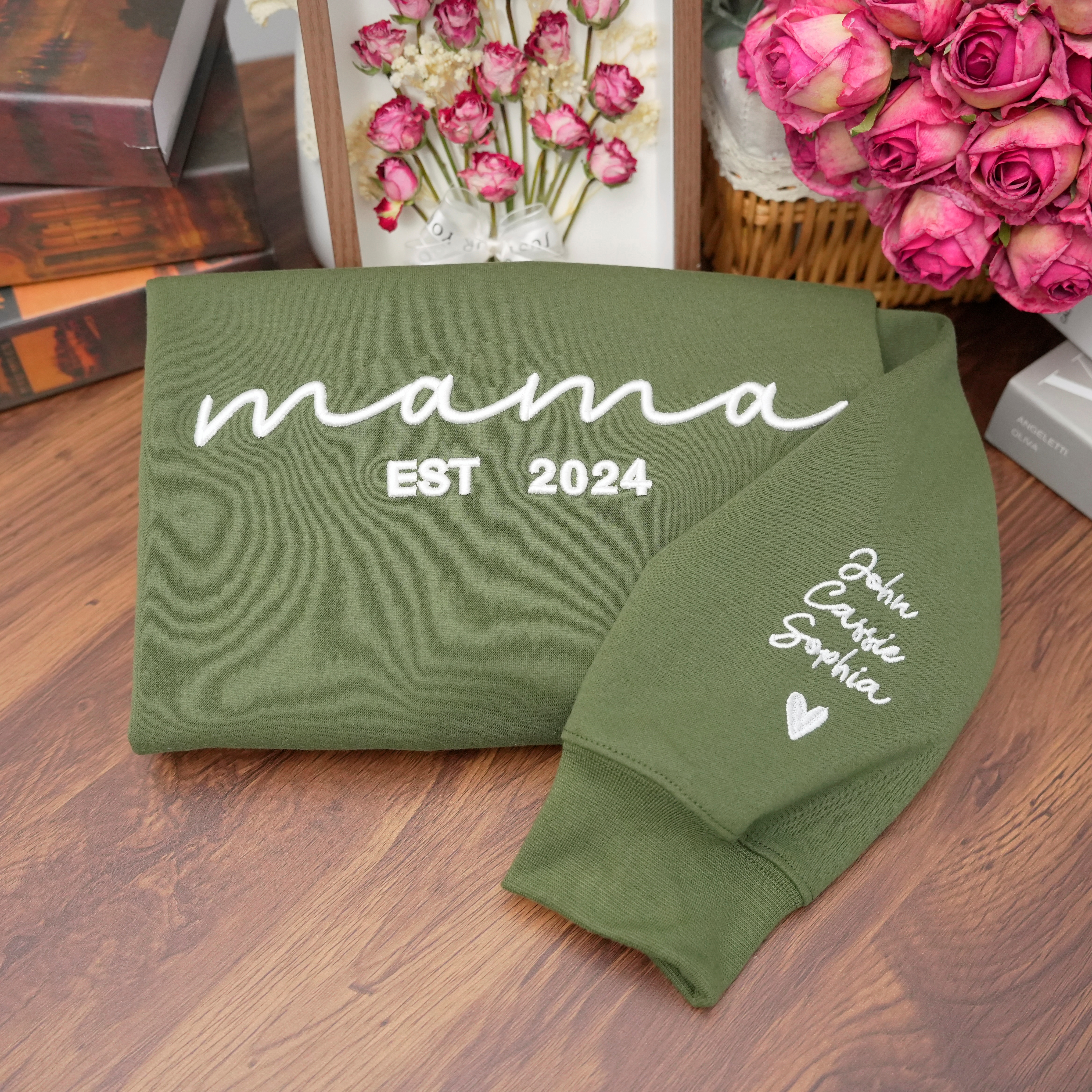 Custom 3D Embroidered Sweatshirt with Date and Kids Names on Sleeve, Gifts For Mama, Papa & Nana