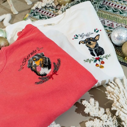 Custom Embroidered Pet Portrait Vintage Washed Sweatshirt T-Shirt, Christmas Pet Sweathsirt