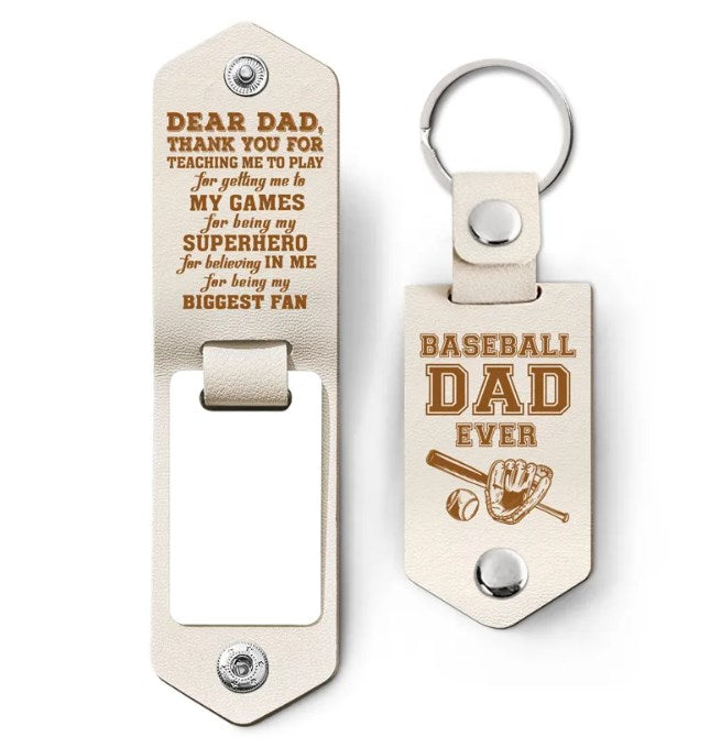 Custom Photo Dear Dad Thank You For Teaching Me - Birthday, Loving Gift For Baseball, Softball Father - Personalized Leather Photo Keychain-ilovevango