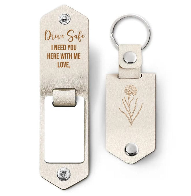 Custom Photo Birth Flower With Name Sketch - Gift For Her, Gift For Women - Personalized Leather Photo Keychain-ilovevango