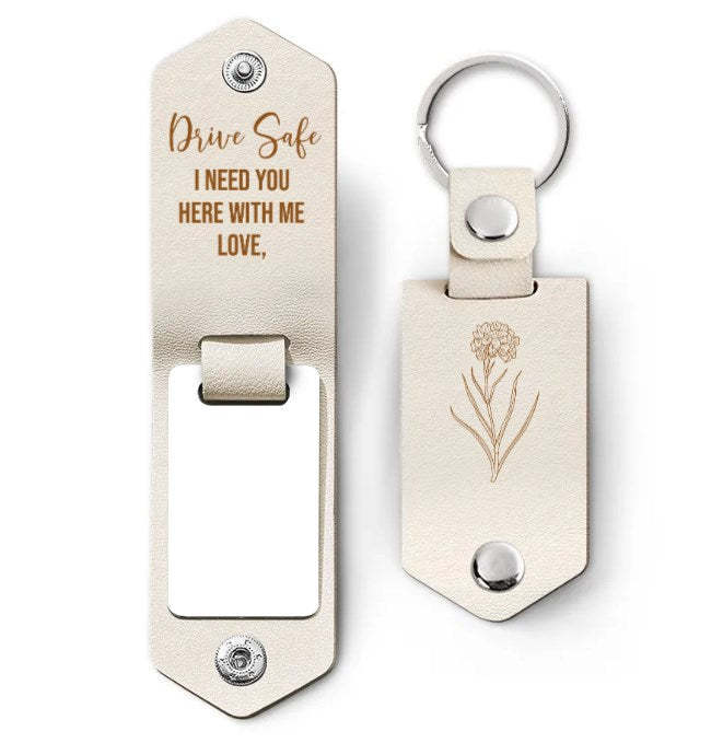 Custom Photo Birth Flower With Name Sketch - Gift For Her, Gift For Women - Personalized Leather Photo Keychain-ilovevango