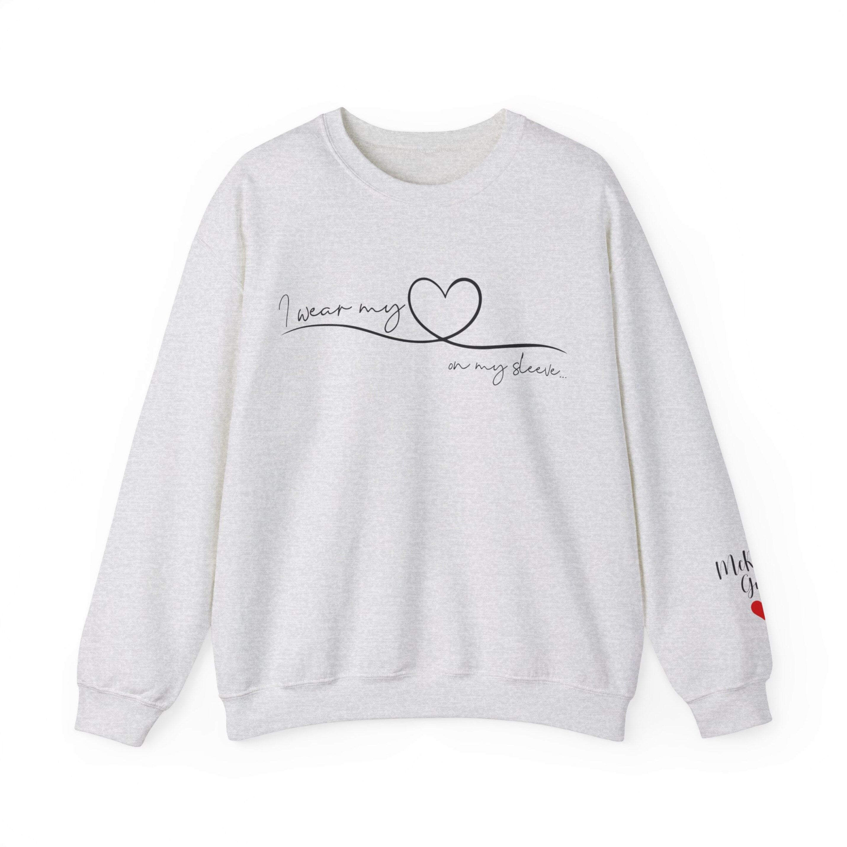 I Wear My Heart On My Sleeve Sweatshirt With Kid Names, Custom Mom Sweatshirt, Kids Names On Sleeve-ilovevango