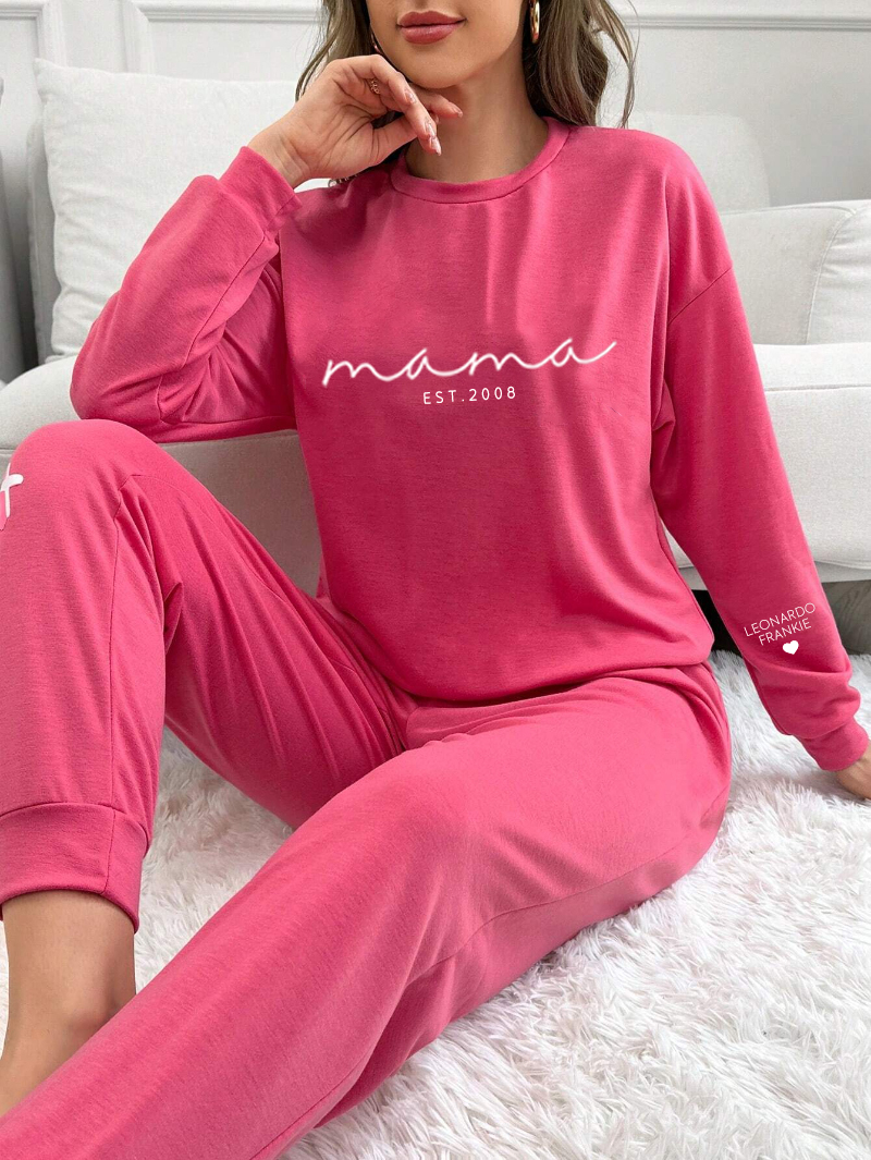 Personalized Mama Letter Graphic Tee & Plaid Print Pants Pajama Set, Custom Mama PJ Set with Kid Name On Sleeve, Mothers Day Gift-ilovevango