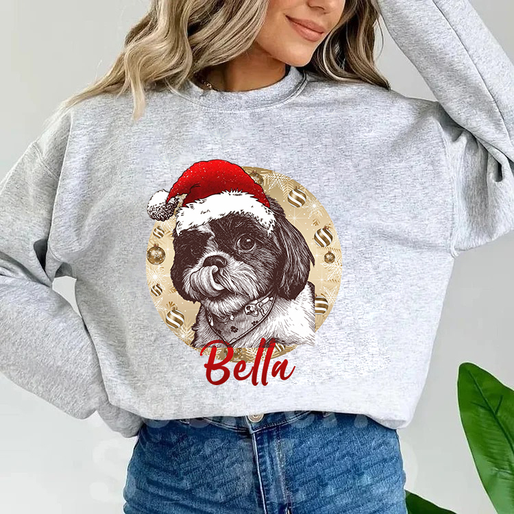 PetFiestas® Custom Pet Santa Hat Sweatshirt with Christmas Circle Background