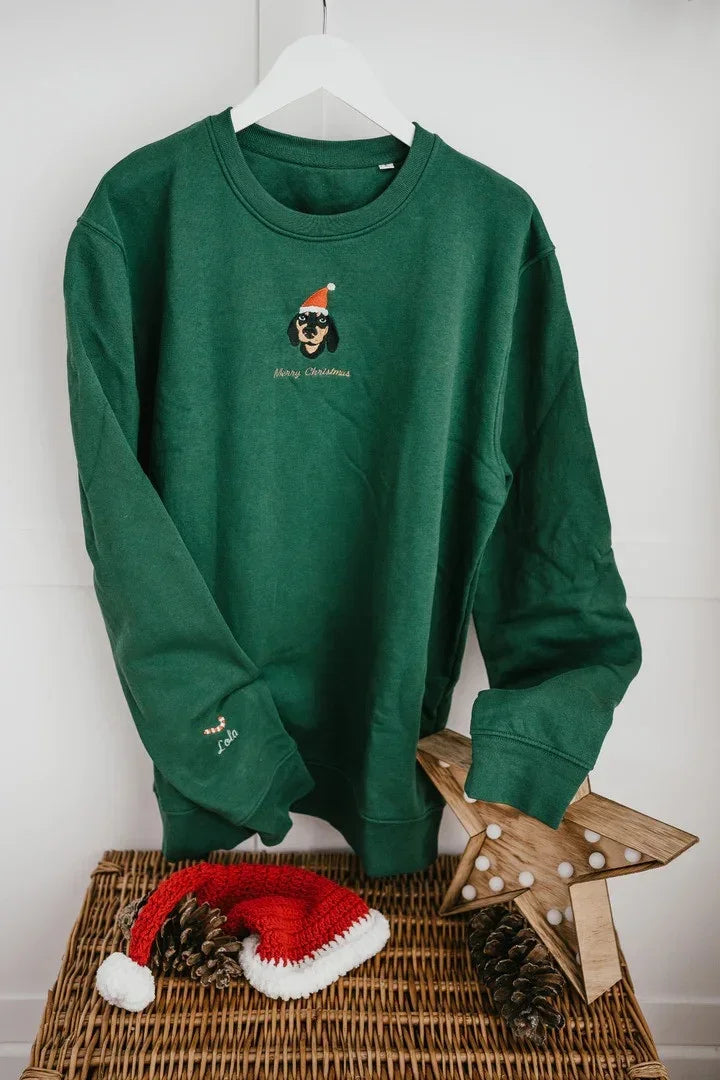 Christmas Custom Pet Face Color Portrait Santa Holiday Crewneck Sweatshirt