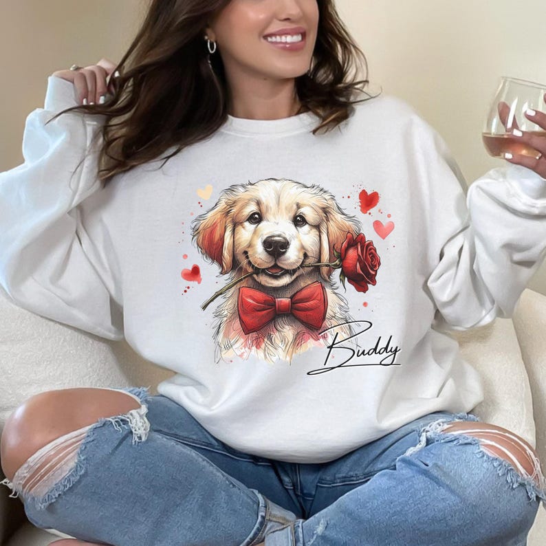 Custom Dog Photo with Rose Sweatshirt - Personalized Pet Valentine's Day Sweatshirt for Dog Mom