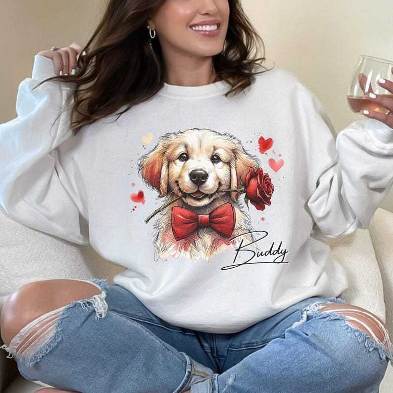 Custom Dog Photo with Rose Sweatshirt - Personalized Pet Valentine's Day Sweatshirt for Dog Mom