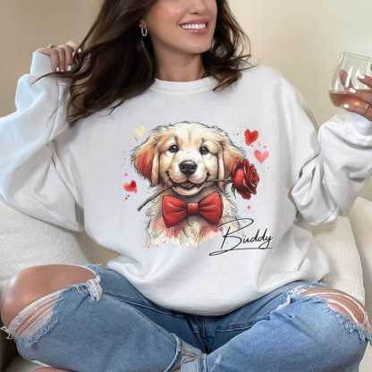 Custom Dog Photo with Rose Sweatshirt - Personalized Pet Valentine's Day Sweatshirt for Dog Mom