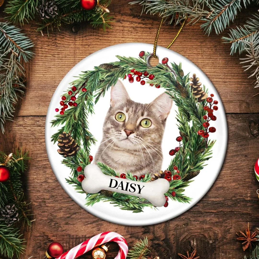 Custom Photo Lovely Pet Face - Christmas Gift For Pet Lovers, Pet Memorial - Personalized Circle Ceramic Ornament-ilovevango