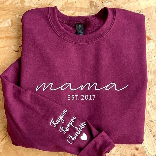 Custom Embroidered Mama Sweatshirt with Date and Kids Names on Sleeve