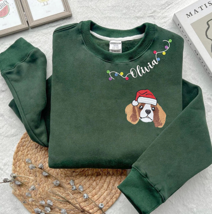 PetFiestas® Custom Pet Embroidery with Name & Mistletoe Neckline – Sweatshirt, Hoodie, T-Shirt