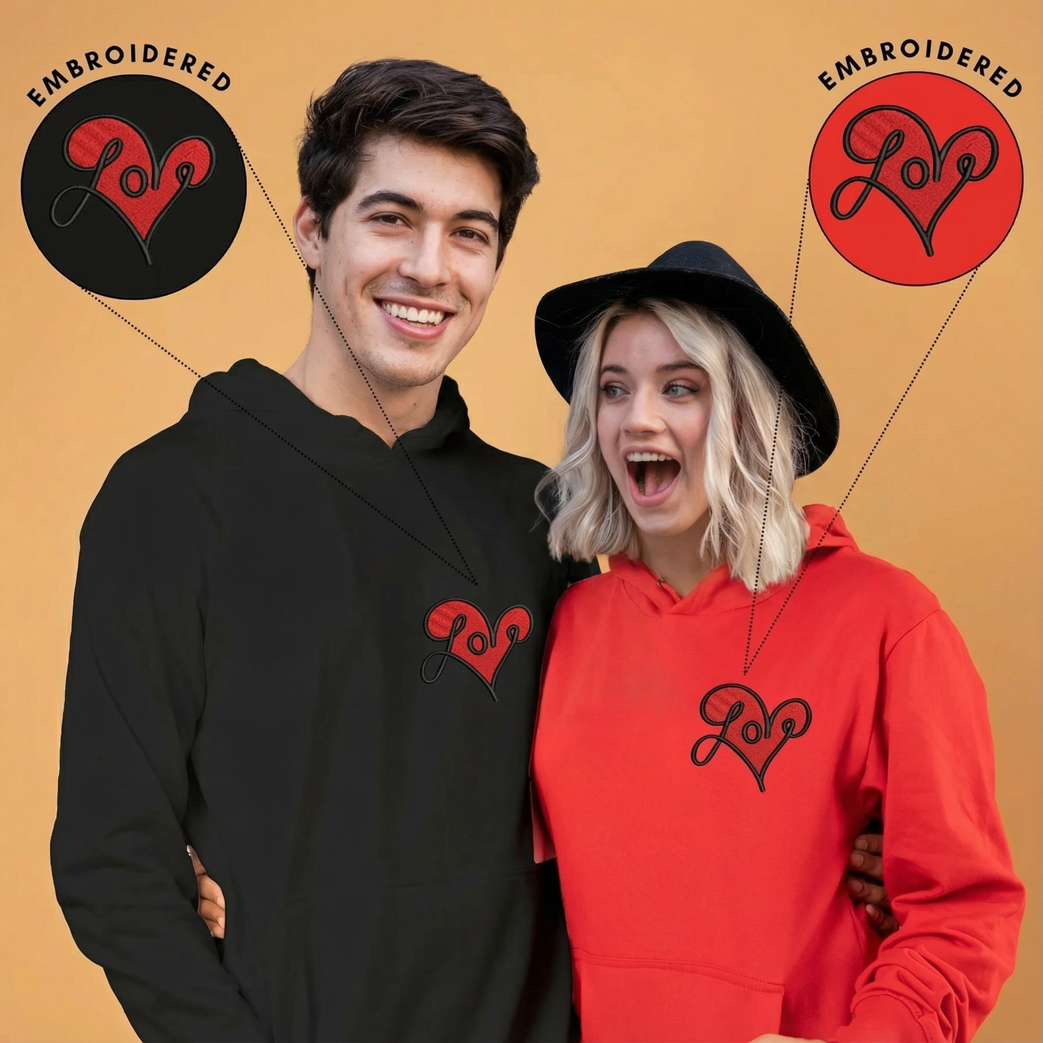 Love Heart Embroidered Couple Hoodies