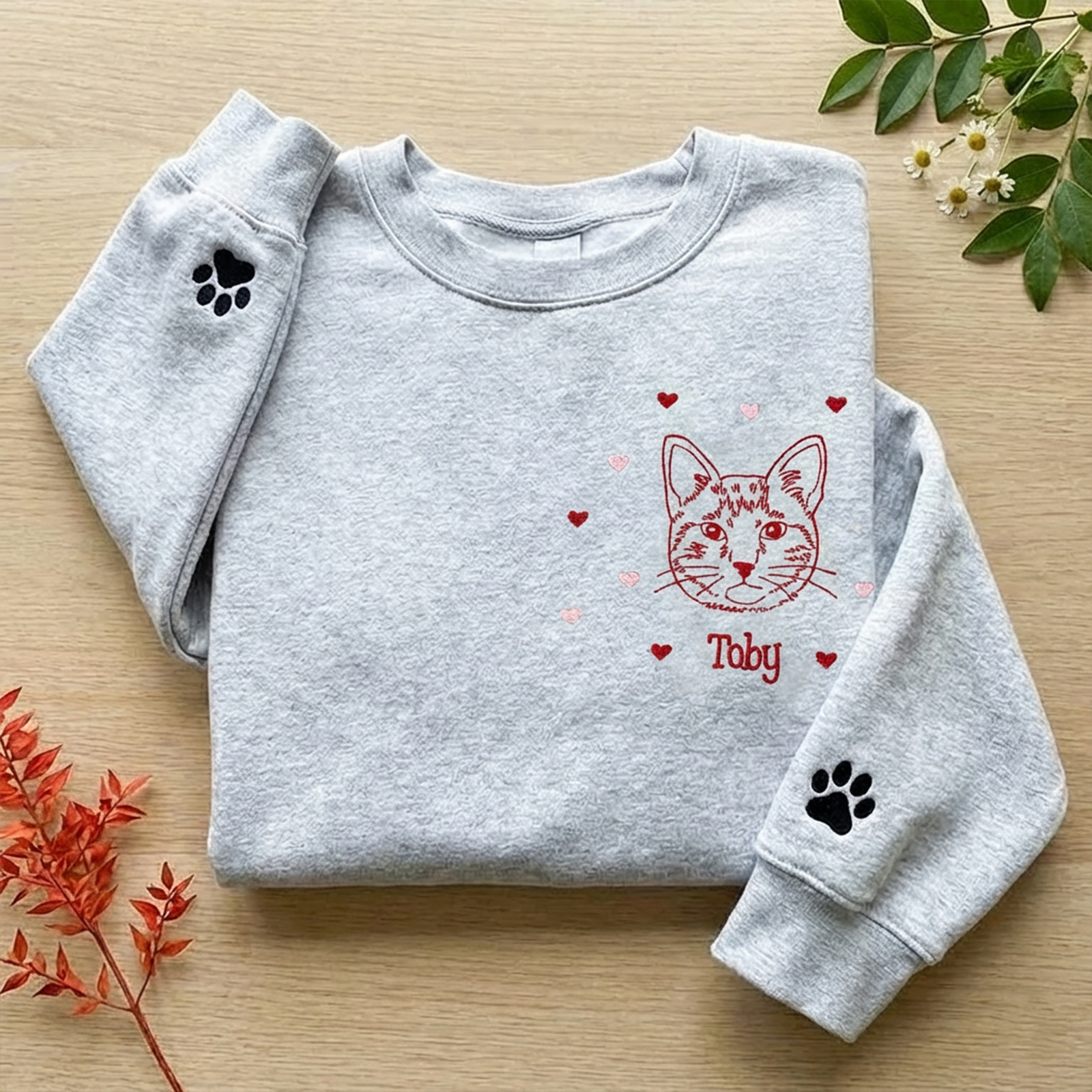 Custom Pet Portrait Embroidered Sweatshirt with Hearts Design, Valentine's Day Gift- Stylish Outline Style