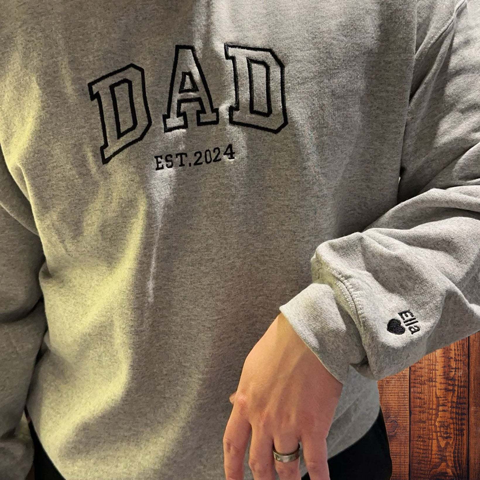 Custom Embroidered Mom Dad Sweatshirt with Kids Name on Sleeve