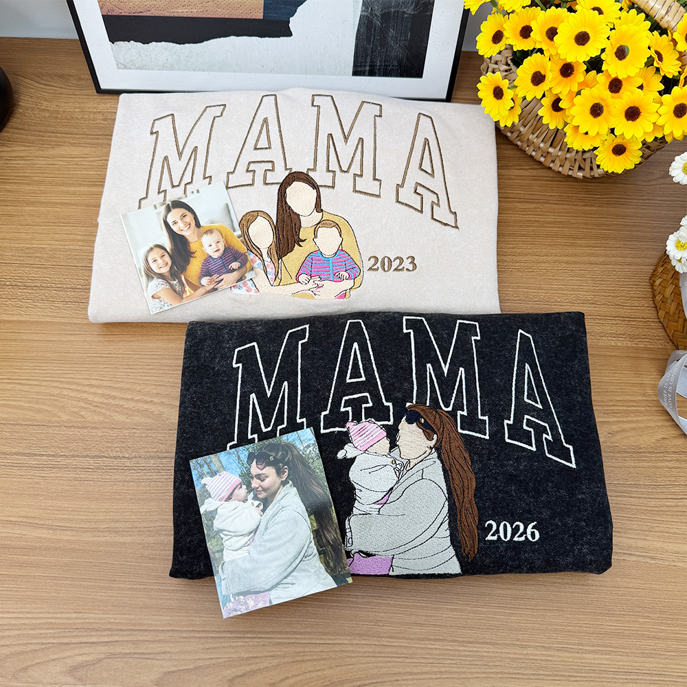 Mama Sweatshirt with Photo, Custom Embroidered Crewneck Mama and Kids Portrait, Mother's Day Gifts, Best Gift for Mom