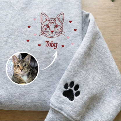 Custom Pet Portrait Embroidered Sweatshirt with Hearts Design, Valentine's Day Gift- Stylish Outline Style
