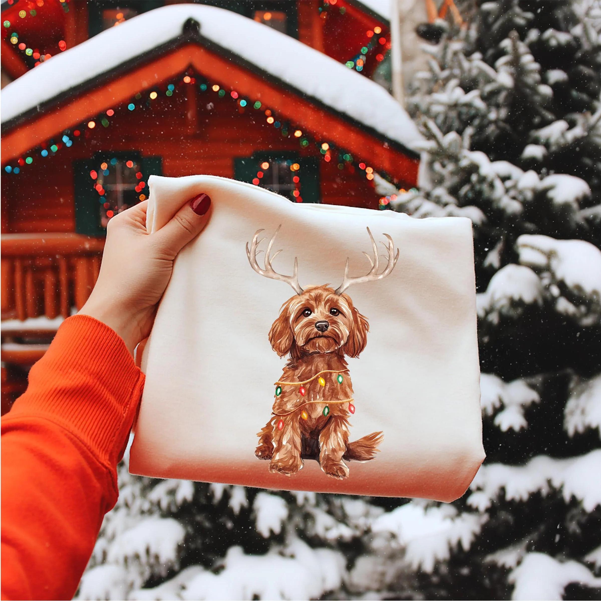 Custom Christmas Dog Photo Sweatshirt with Reindeer and Christmas Lights Design