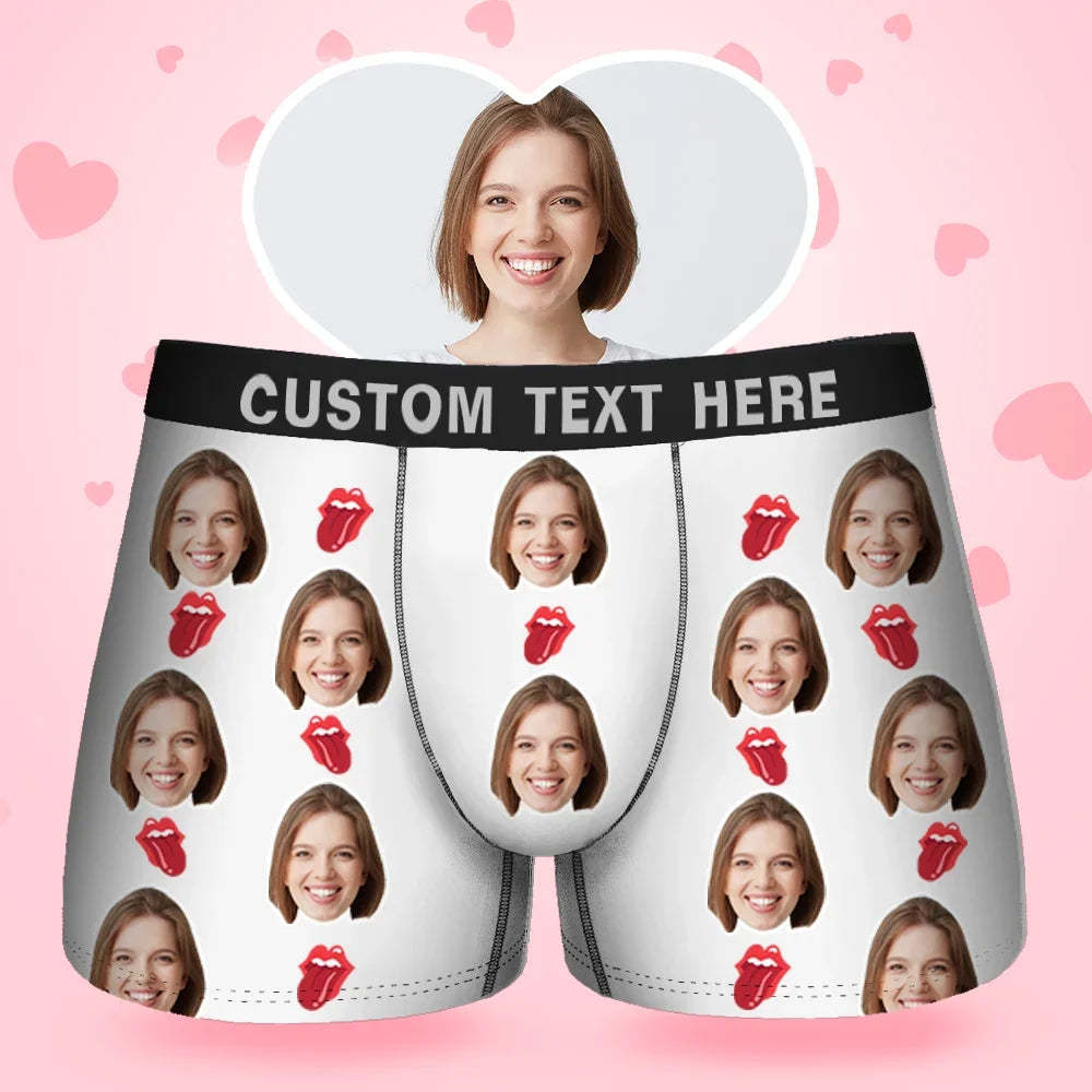 Custom Face Men's Boxer Kiss Lip Gift For Him Couple Style Underwear, Birthday Gifts for Husband, Waistband Text Boxer Gift-ilovevango