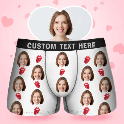Custom Face Men's Boxer Kiss Lip Gift For Him Couple Style Underwear, Birthday Gifts for Husband, Waistband Text Boxer Gift-ilovevango