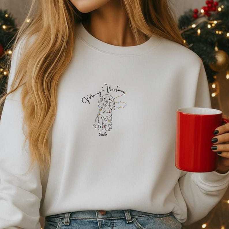 Merry Woofmas Custom Pet Embroidered Sweatshirt with Christmas Light Strings