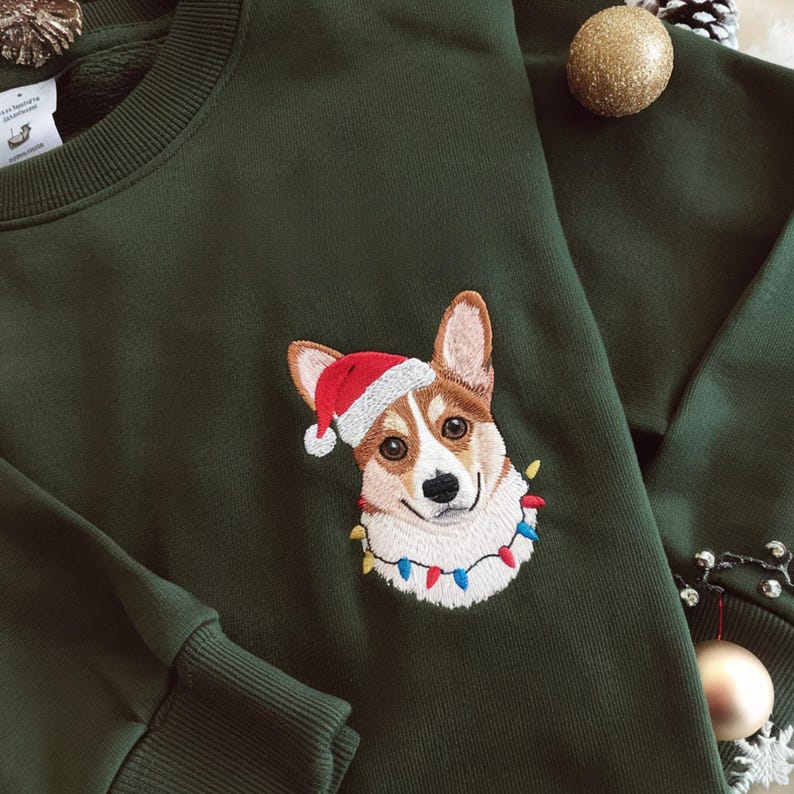 Custom Premium Handcrafted Pet Portrait Sweatshirt, Dog Embroidered Santa Paws Christmas Sweatshirt