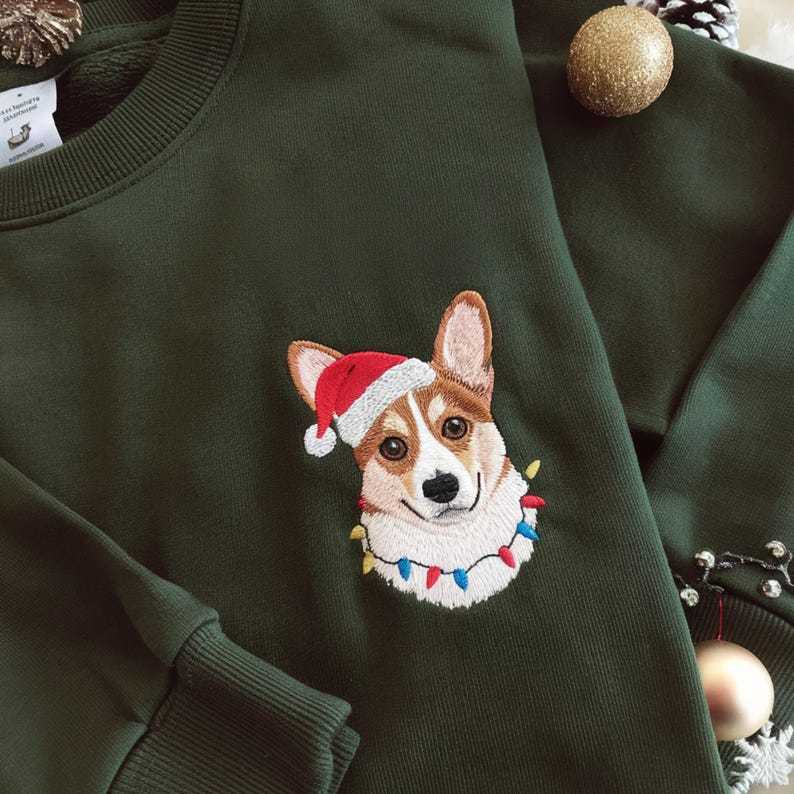 Custom Premium Handcrafted Pet Portrait Sweatshirt, Dog Embroidered Santa Paws Christmas Sweatshirt