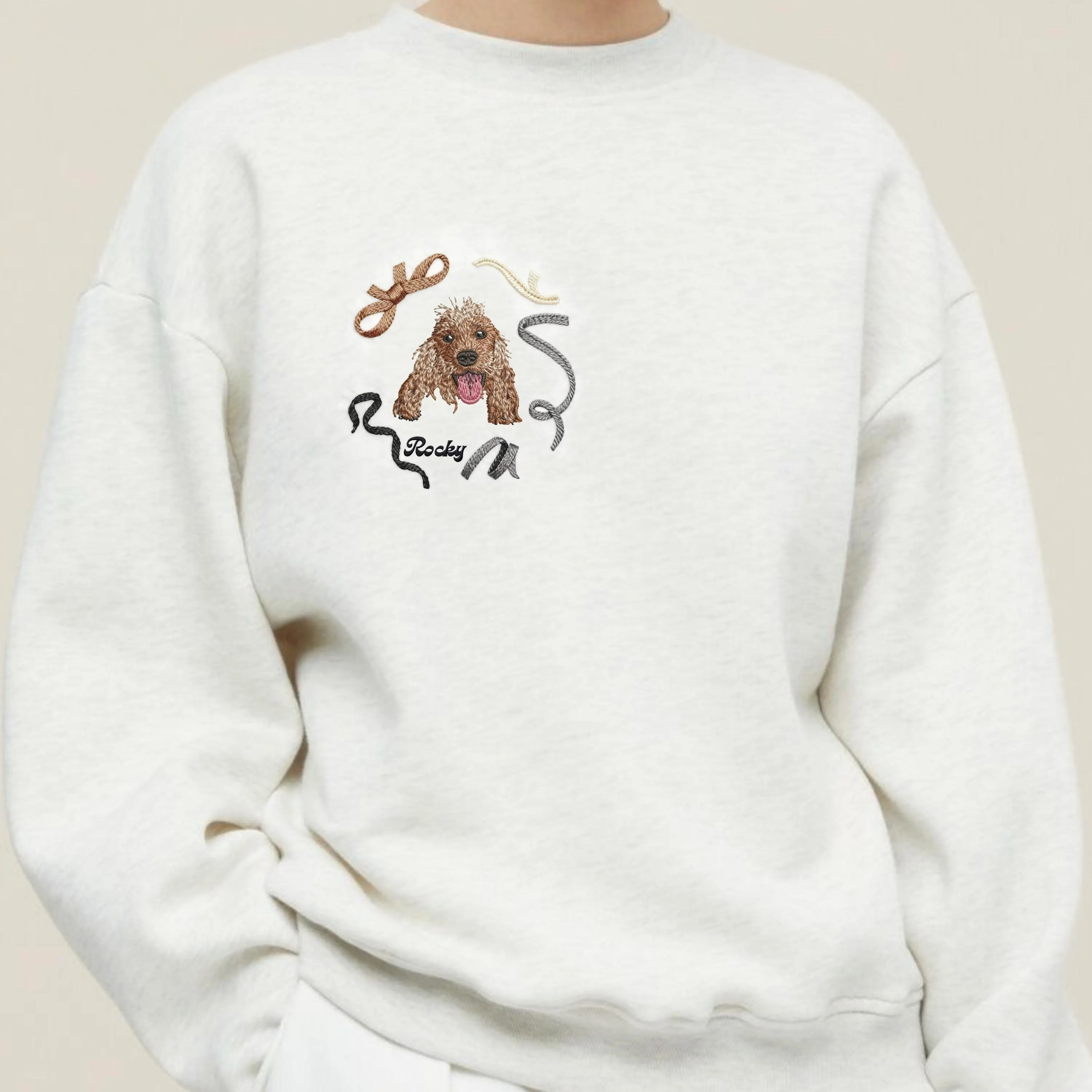 Custom Christmas Pet Portrait Embroidered Sweatshirt with Christmas Ribbons Wreath Design
