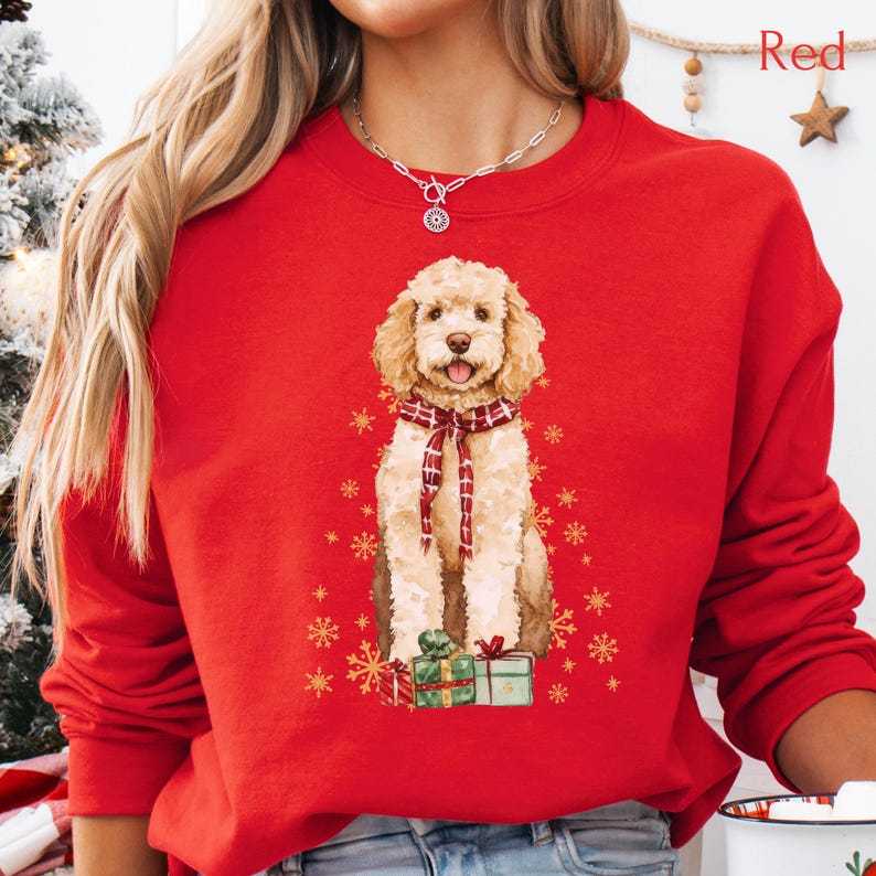 Custom Dog Christmas Sweatshirt with Golden/White Snowflakes Design