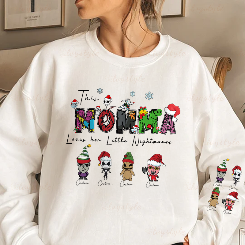 Personalized This Mom Loves Her Little Nightmares Sweatshirt, Custom Nightmare Christmas Mom Shirt With Kids Name, Christmas Family Gift