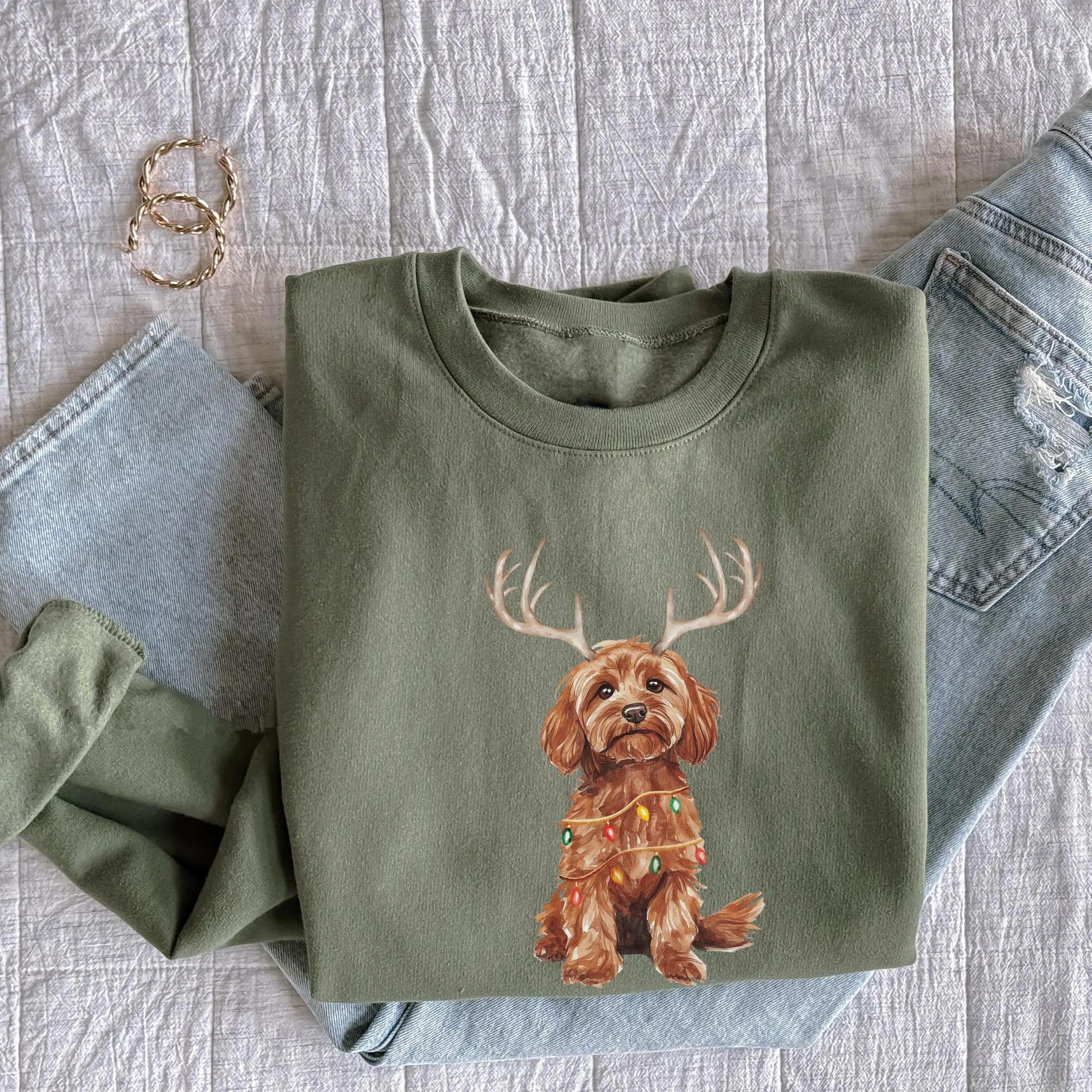 Custom Christmas Dog Photo Sweatshirt with Reindeer and Christmas Lights Design