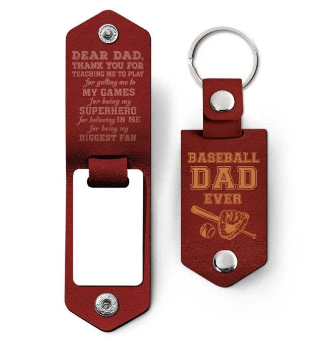 Custom Photo Dear Dad Thank You For Teaching Me - Birthday, Loving Gift For Baseball, Softball Father - Personalized Leather Photo Keychain-ilovevango