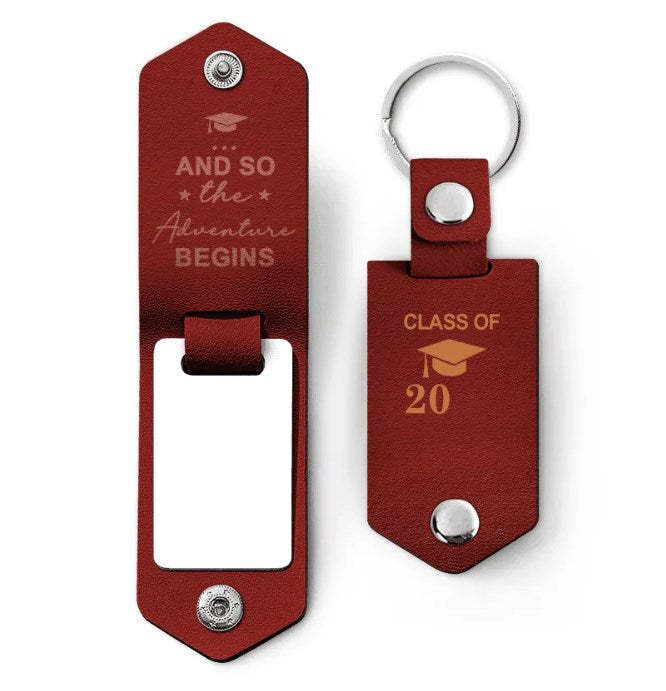 Custom Photo And So The Adventure Begins - Graduation Gift - Personalized Leather Photo Keychain