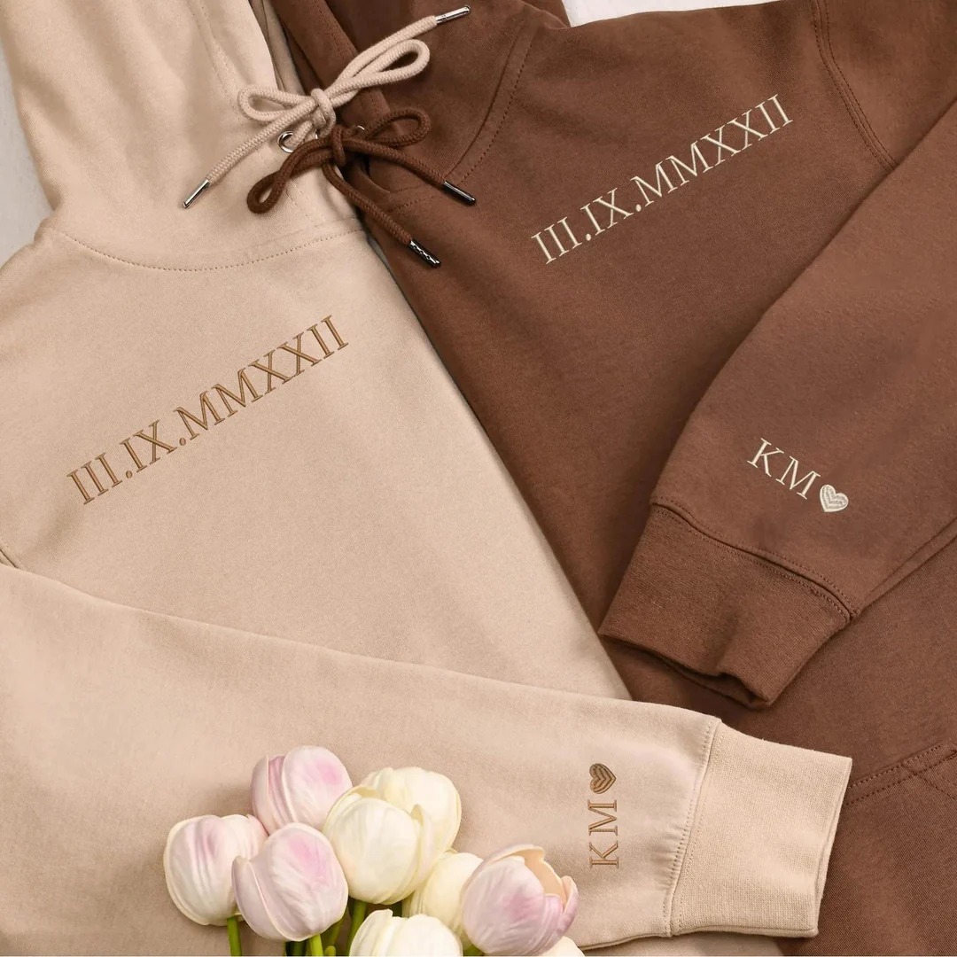 Custom Couple Sweatshirt with Embroidered Date and Roman Numerals