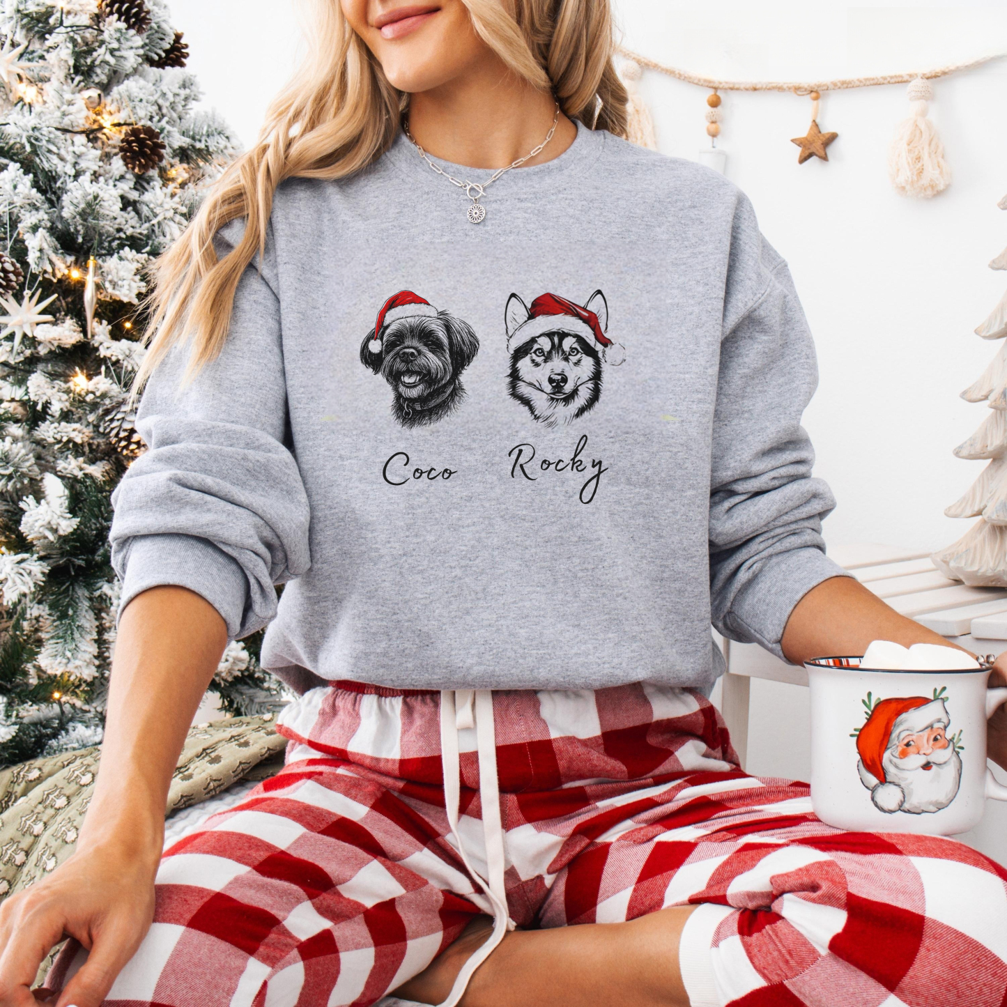 Custom Multiple Pets Christmas Sweatshirt - Personalized Dog/Cat Santa Hat Graphic Crewneck