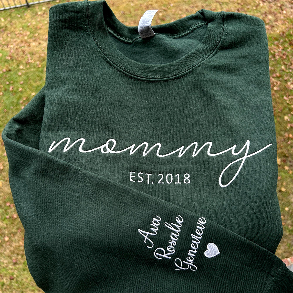 Custom Embroidered Mama Sweatshirt with Date and Kids Names on Sleeve