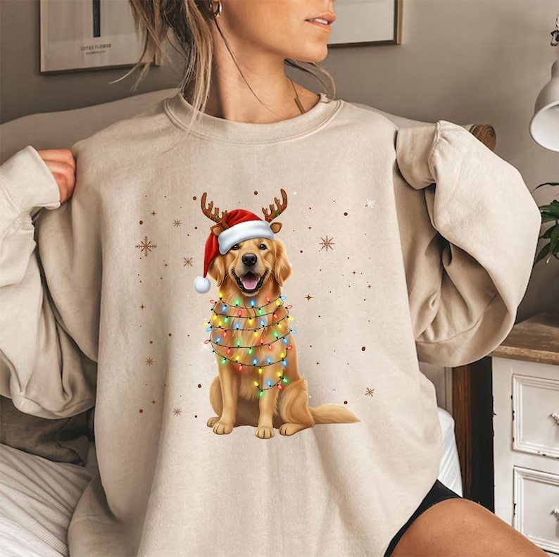 Custom Dog Christmas Shirt with Reindeer Antlers, Santa Hat & Lights