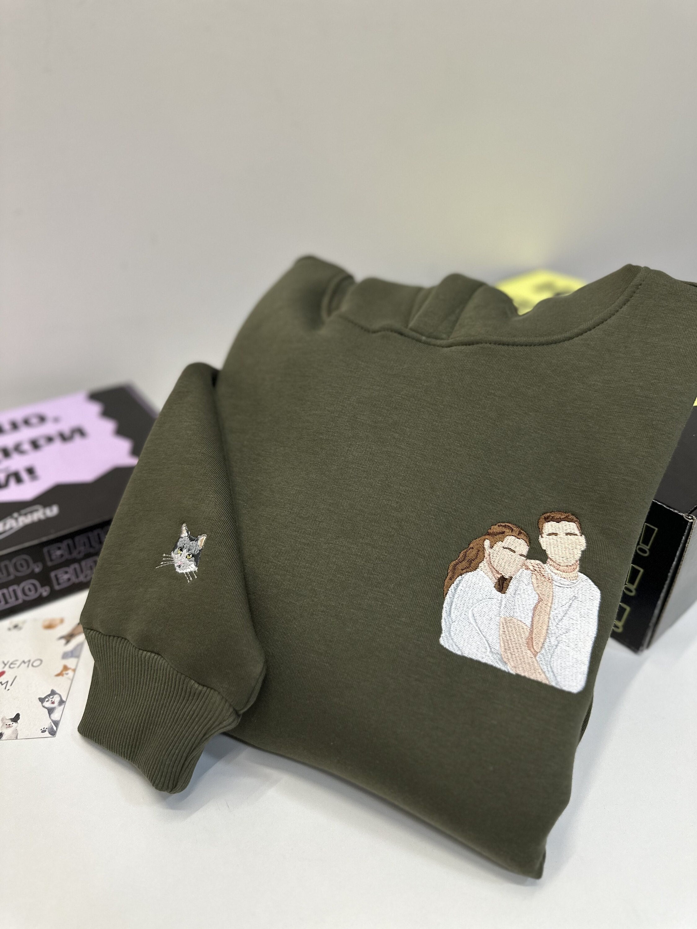 Custom Embroidered Pet On Chest And Sleeve Photo Portrait Hoodie Sweatshirt T-shirt