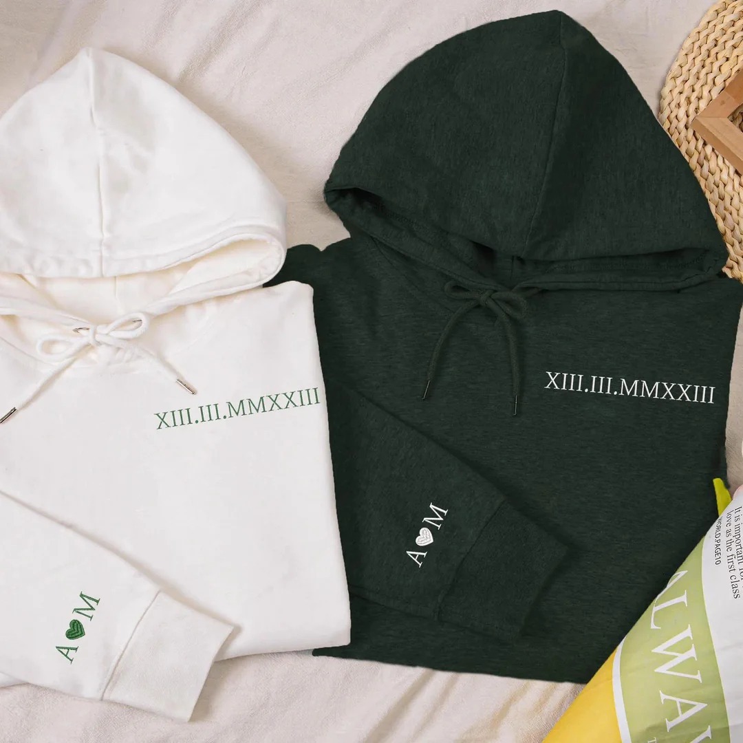 Custom Couple Sweatshirt with Embroidered Date and Roman Numerals