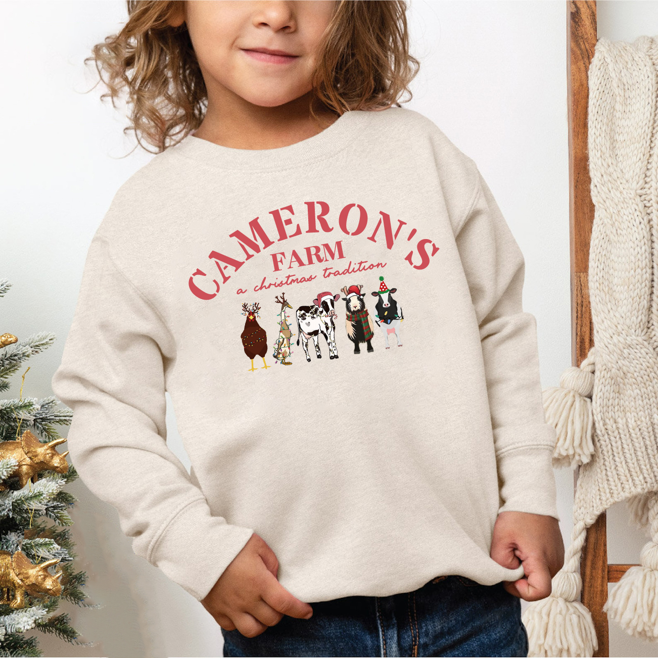 Custom Text and Farm Animals Christmas Sweatshirt – Perfect Holiday Gift for Farm Animal Lovers