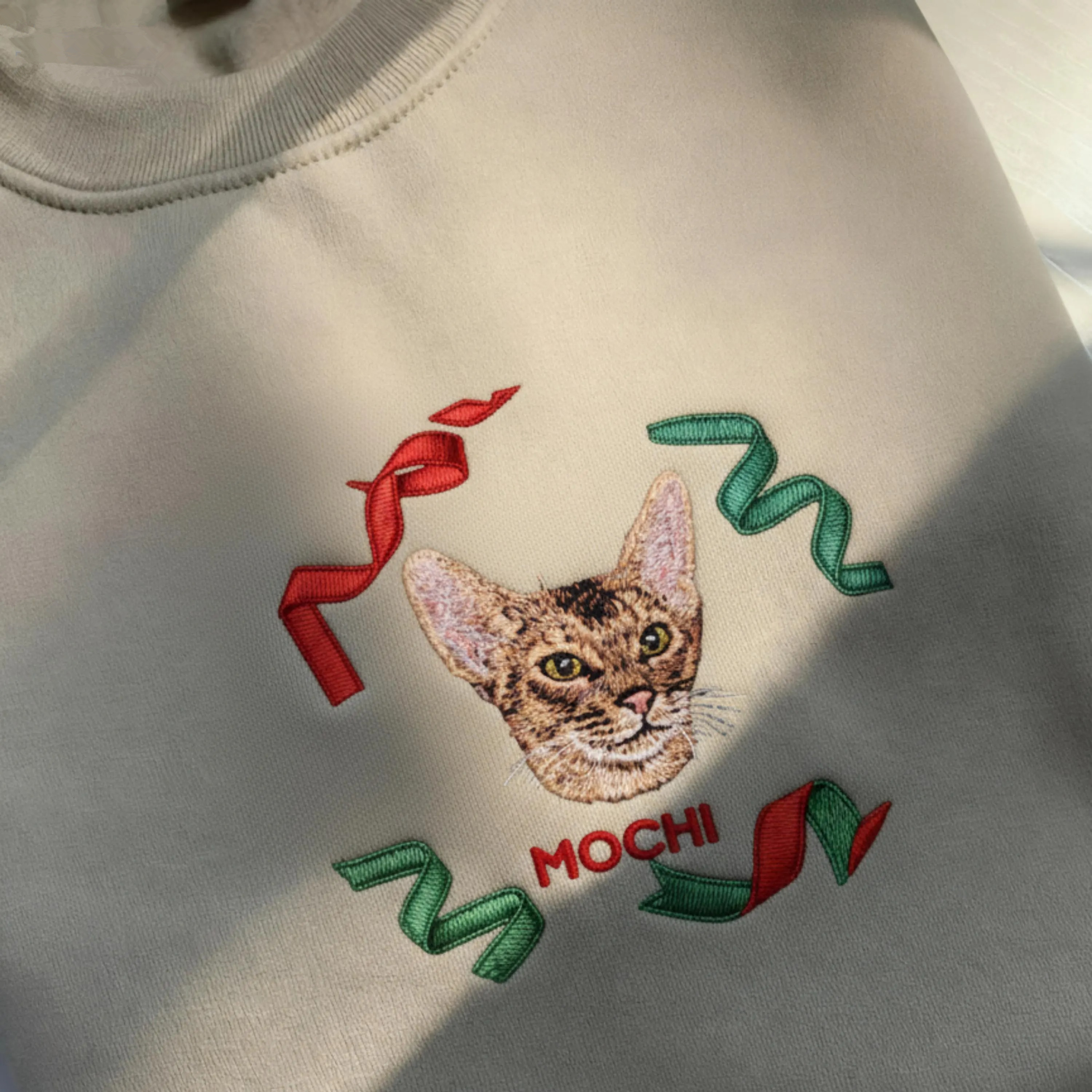 Custom Christmas Pet Portrait Embroidered Sweatshirt with Christmas Ribbons Wreath Design