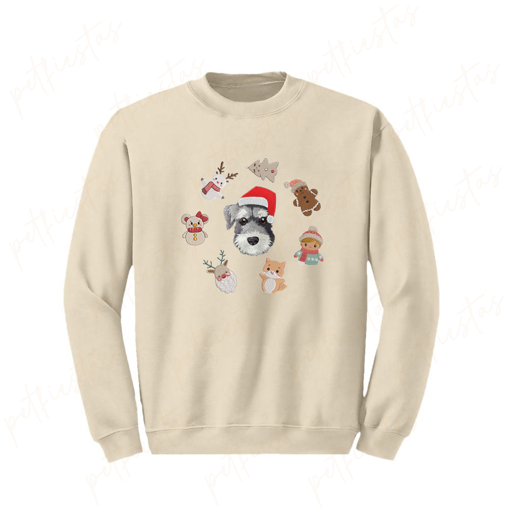 Custom Pet Portrait Christmas Sweatshirt with Festive Embroidered Elements