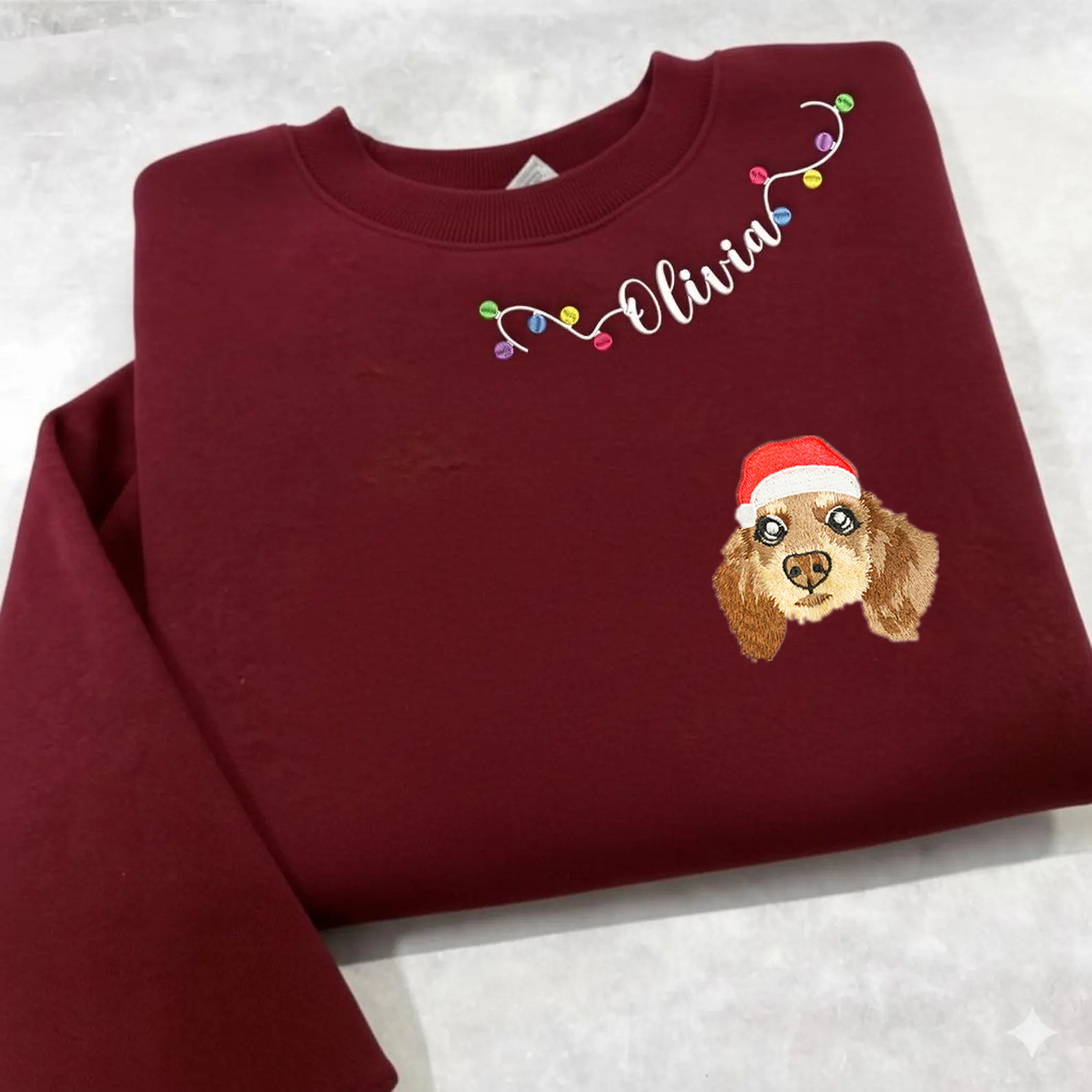 PetFiestas® Custom Pet Embroidery with Name & Mistletoe Neckline – Sweatshirt, Hoodie, T-Shirt