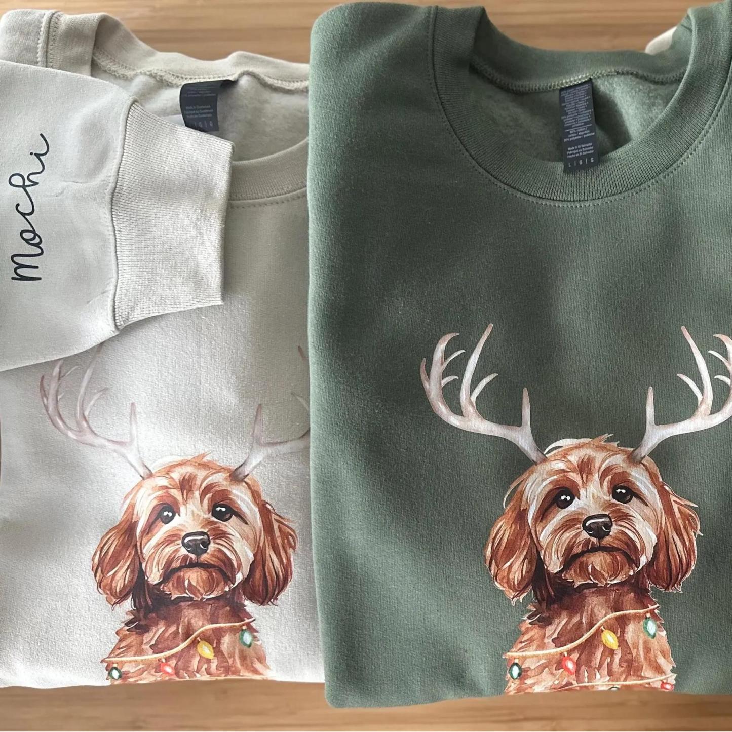 Custom Christmas Dog Photo Sweatshirt with Reindeer and Christmas Lights Design